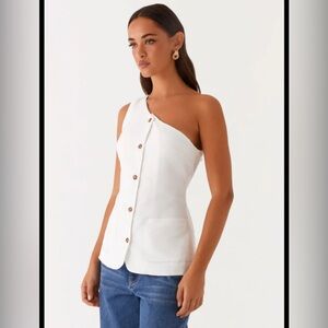Jordy Linen Pocket Vest - White - One-Shoulder